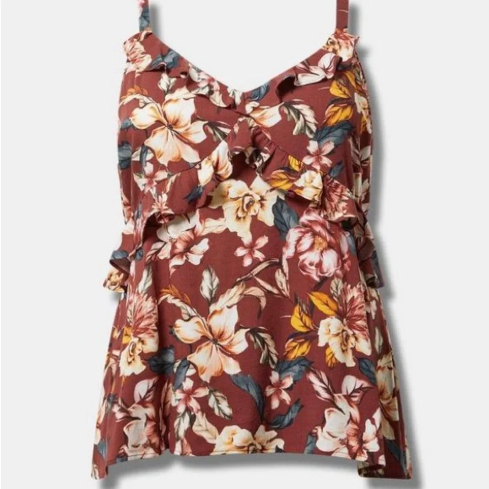 Torrid Rayon Slub Ruffle V-Neck Cami Brick Floral Size 4 - Picture 3 of 6